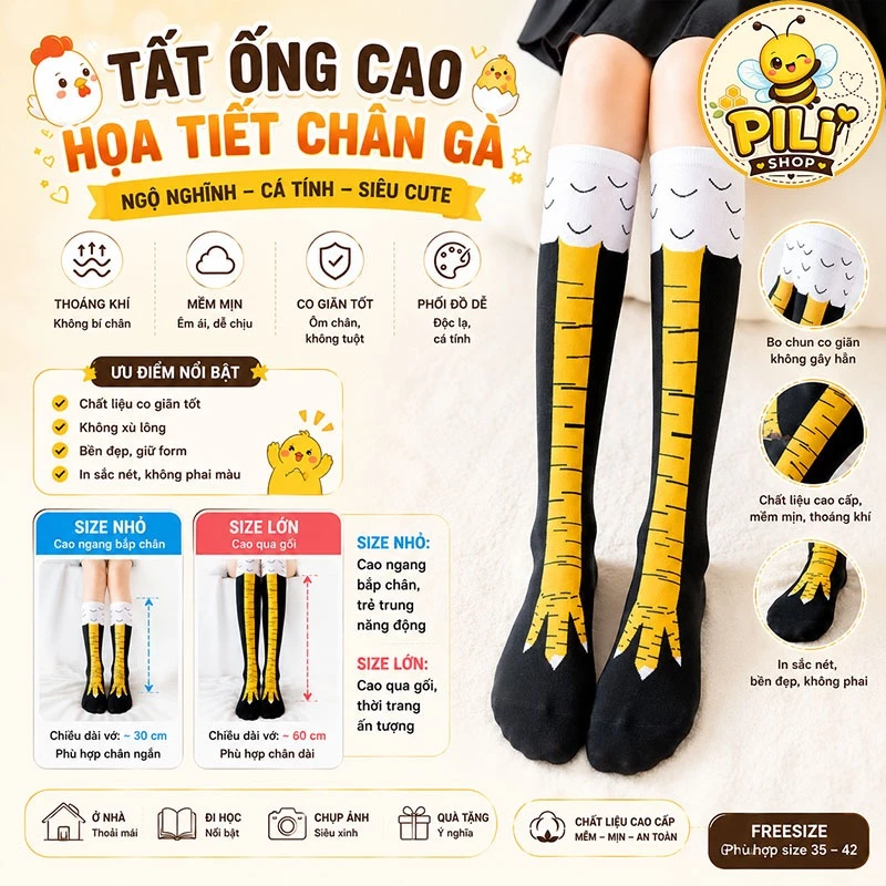 Tất Vớ Unisex Họa Tiết Chân Gà Ngộ Nghĩnh, Tất Chân Gà Hài Hước Chất Liệu Cotton Co Giãn Thoáng Khí