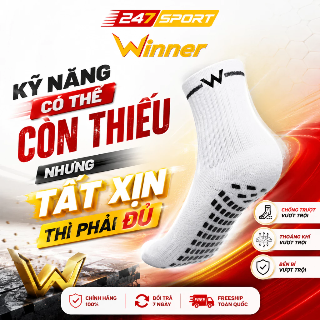 Tất thể thao Winner 247SPORT chống trơn đá bóng pickleball thoáng khí co giãn dệt kim cao cấp