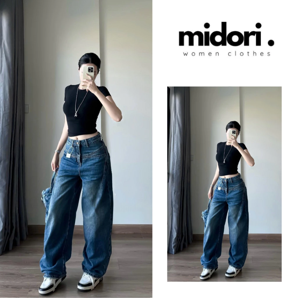 Quần jean nữ ống rộng retro che khuyết điểm Midori Fashion Quần bò ống suông túi xéo cá tính S089