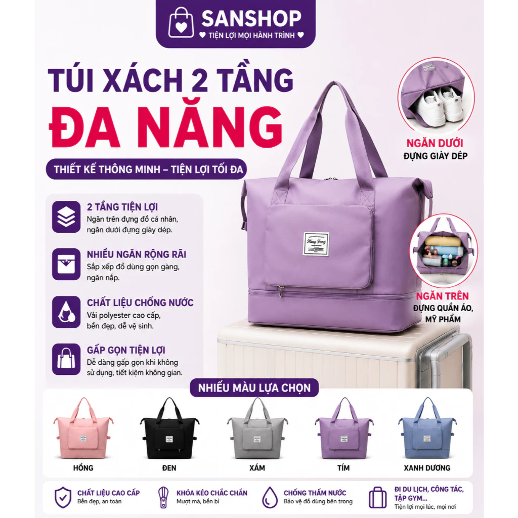 Túi Xách 2 Tầng Đa Năng Nhiều Ngăn Rộng Rãi Đựng Đồ Du Lịch Mỹ Phẩm Quần Áo Sanshop