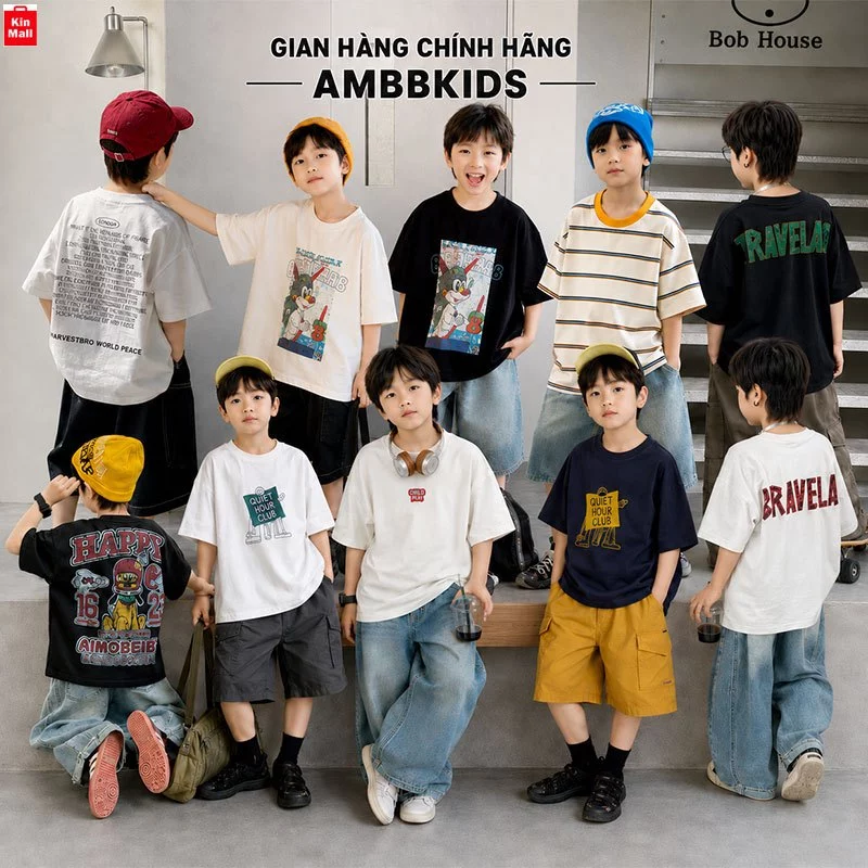𝐍𝐞𝐰 𝟐𝟎𝟐𝟔 (14-58kg) Áo Thun Mùa Hè Ambbkids Cổ Tròn Cộc Tay Form To phong cách Hàn Quốc Cá Tính cho bé Trai