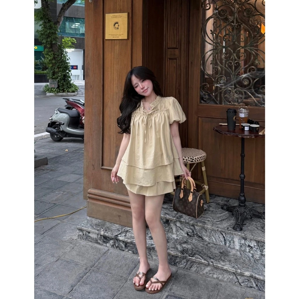 Sét babydoll áo diềm bèo buộc dây cổ mix chân váy đai nơ sét tiểu thư phong cách hàn quốc S48