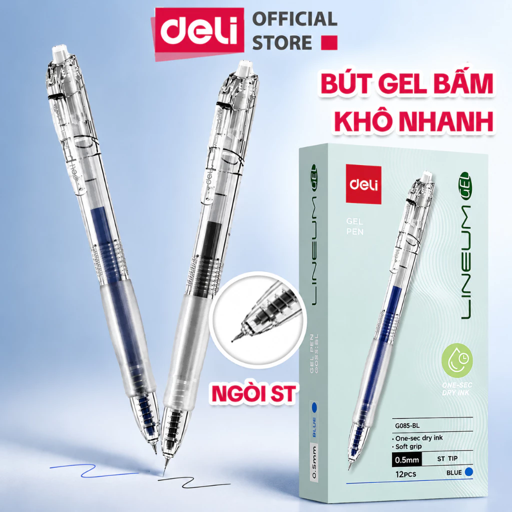 Combo 3/5/12 Bút Gel Bấm EG08S Deli Ngòi ST Khô Nhanh 1s Đệm Cao Su Êm Tay Viết Trơn Mượt
