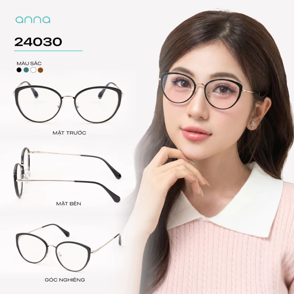Gọng kính mắt thời trang nữ ANNA dáng mắt mèo chất liệu nhựa mix kim loại trendy OL 24030