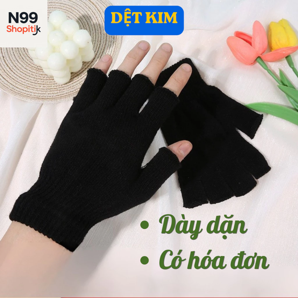 Găng tay hở ngón dệt kim màu đen giữ ấm mùa đông thời trang cho cả nam và nữ