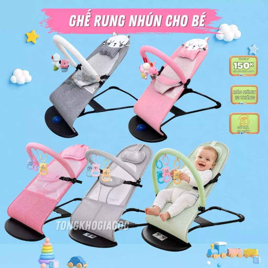 Ghế rung nhún cho bé Có thể gập lại Giúp bé ngủ ngon Có thú treo và gối đầu Ghế nệm lọc tháo rời được