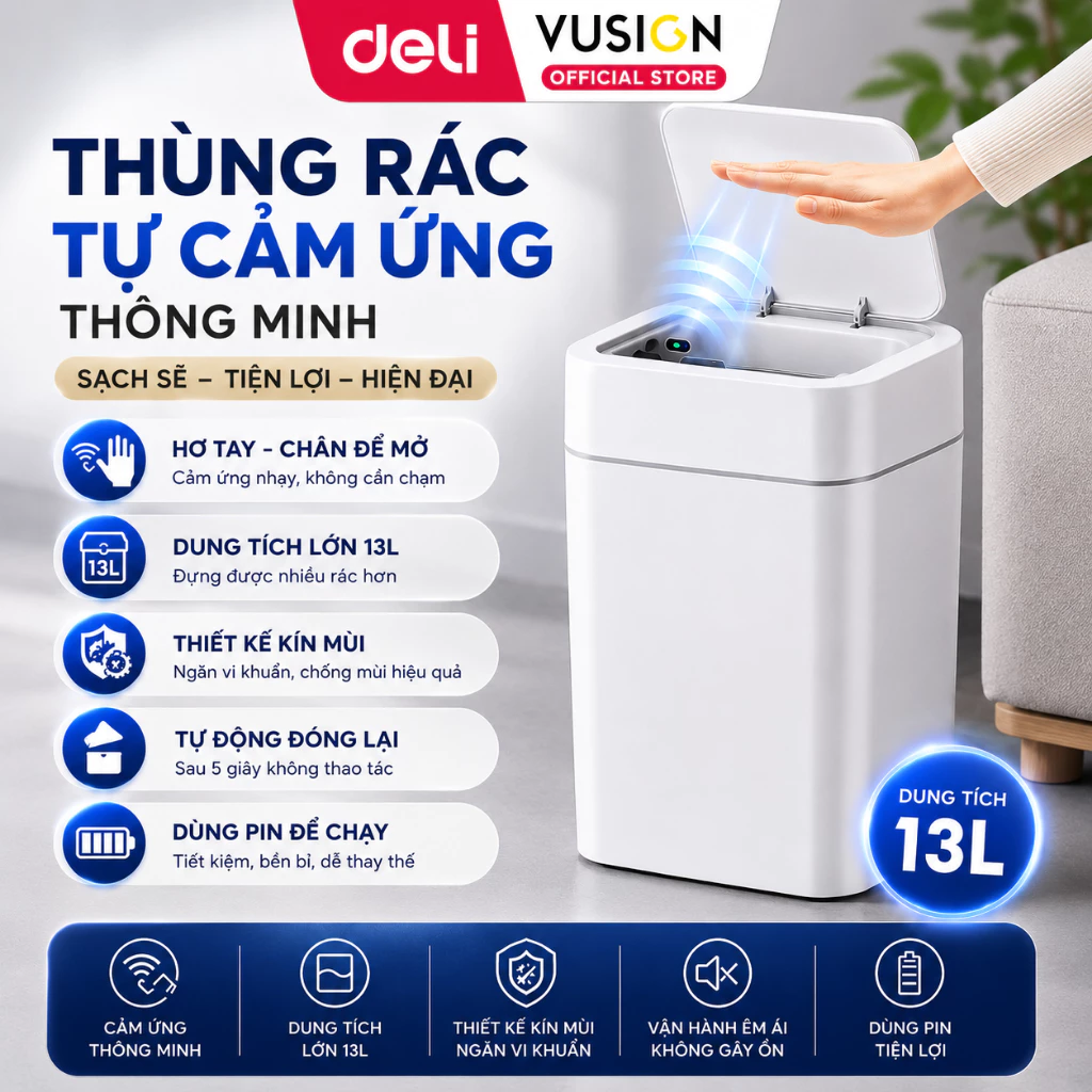 Thùng Rác Thông Minh Cảm Ứng Deli Vusign Tự Động Đóng Mở - Cảm Biến Tay Chân Cao Cấp