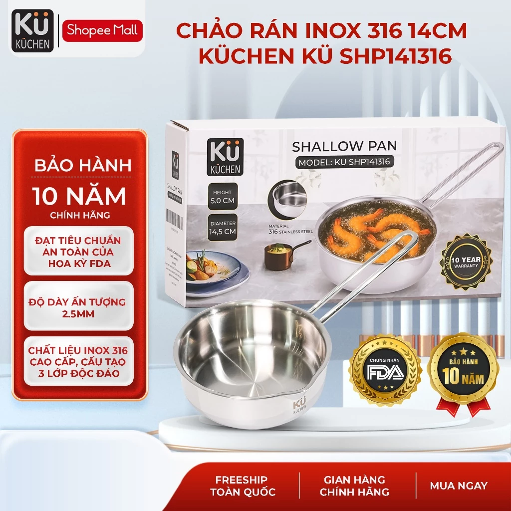 Chảo rán INOX 316 cao cấp Size 14CM Kuchen KU SHP141316 I BẢO HÀNH 10 NĂM
