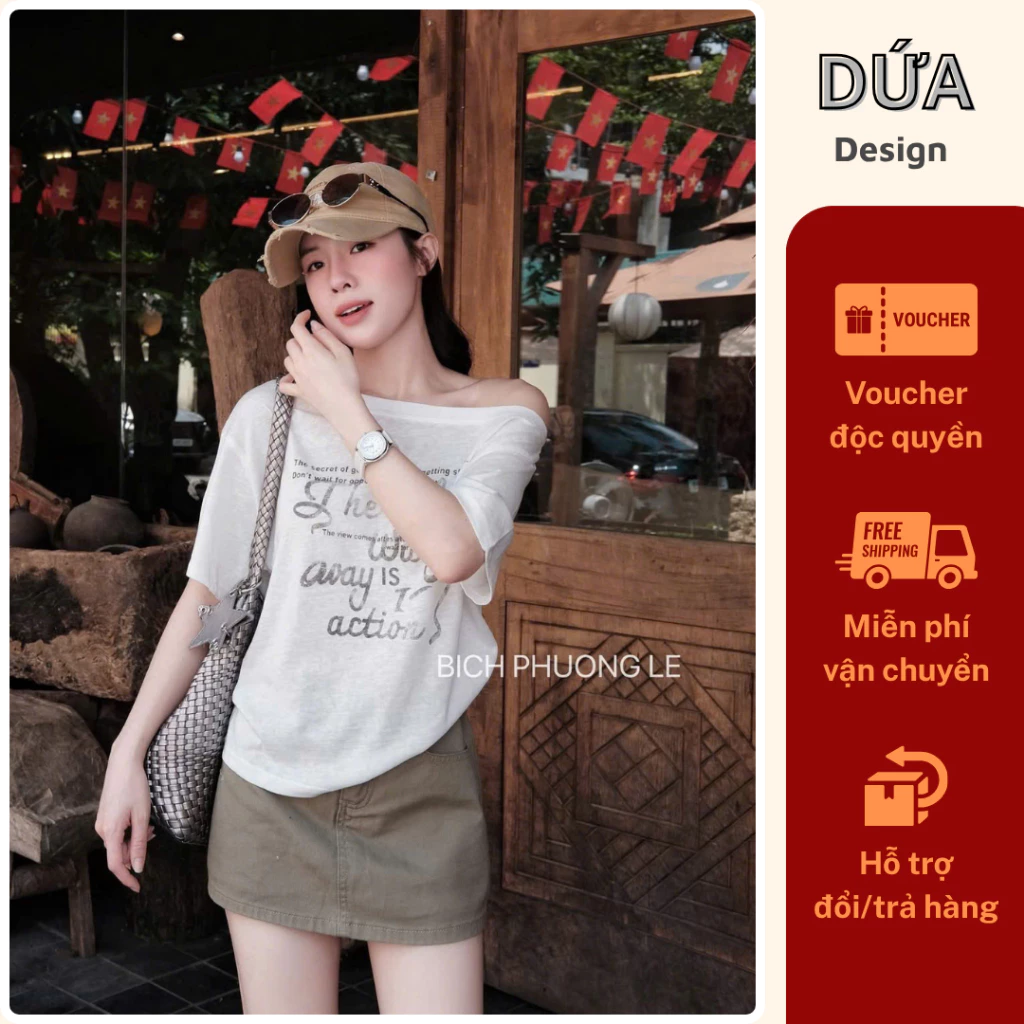 MT2 Áo Trễ Vai Away Hình In Chữ Phong Cách Hàn Quốc Trẻ Trung Năng Động