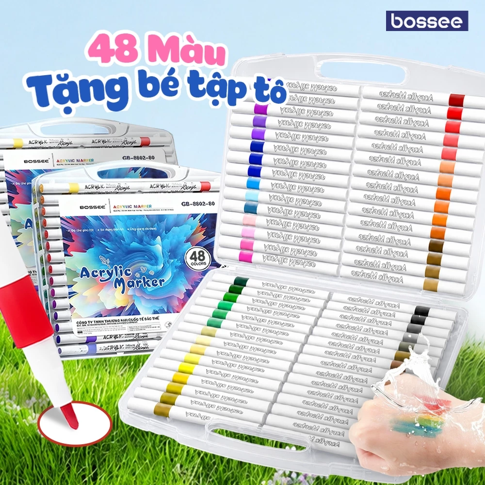 Màu Nước Acrylic Marker bé Tập Tô Hộp 12/24/36/48/60/80 Màu - Bút Màu Sơn Vẽ Trên Mọi Chất Liệu, Chồng Màu, Che Phủ Tốt