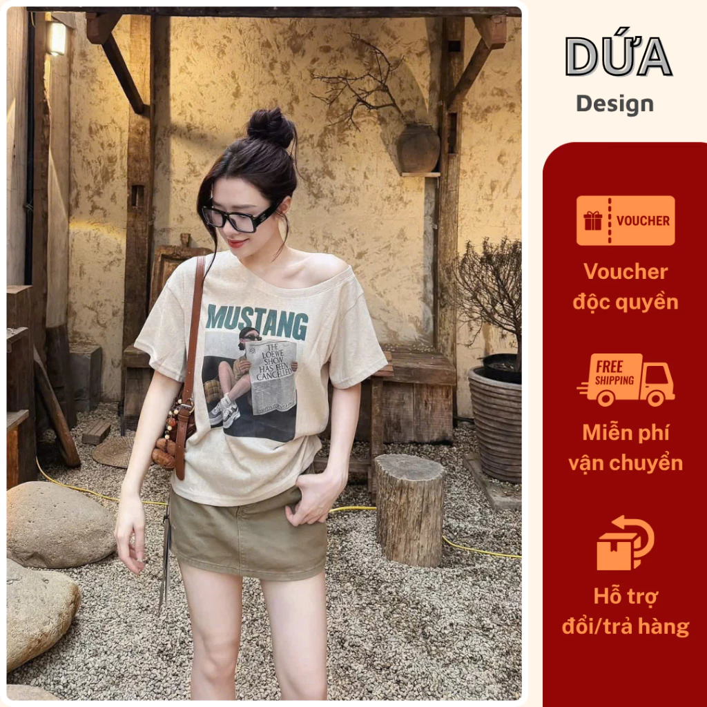 MT3 Áo Mustang Trễ Vai Hình In Phong Cách Hàn Quốc Trẻ Trung Năng Động