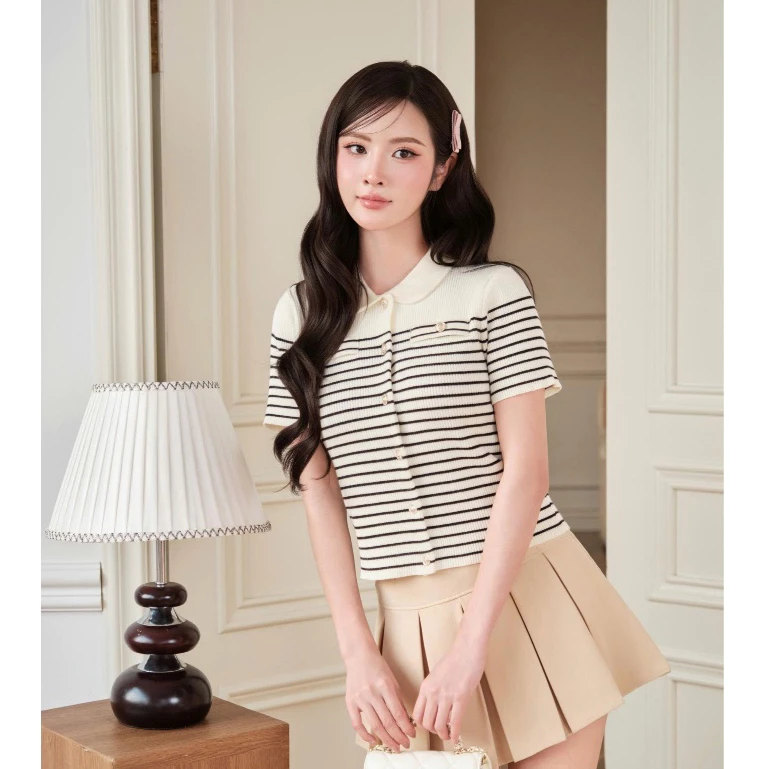 Áo polo chất len lông thỏ dệt gân kẻ ngang phối cúc cao cấp phong cách Hàn Quốc DELIZ PL309 300G