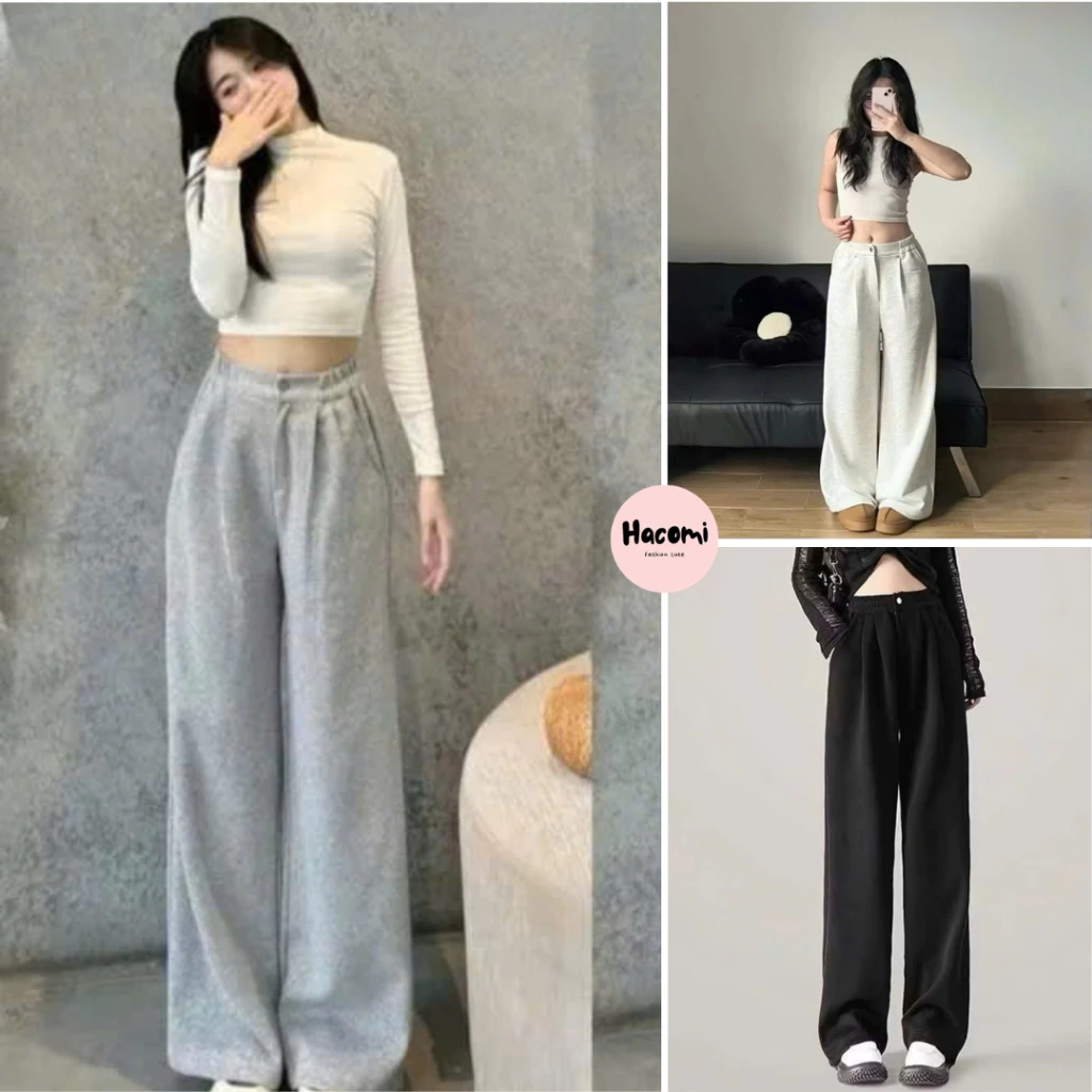 Quần nỉ ống rộng 1 khuy dày dặn - Quần suông nỉ lưng cao unisex cạp chun kiểu hàn quốc