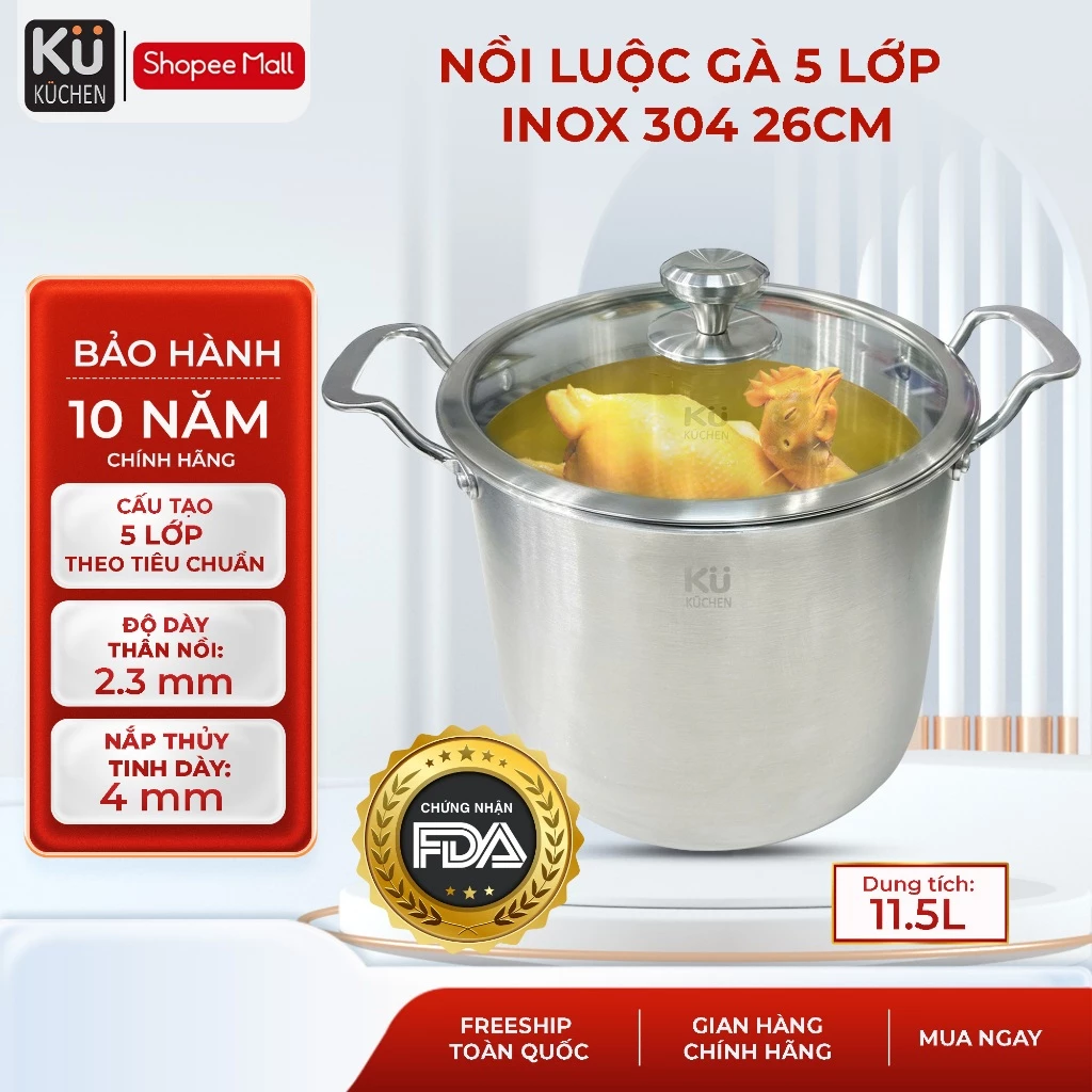 Nồi luộc gà, nấu phở 5 lớp NoiLonSK-143-1 inox 304 26cm - 11.5l Kuchen I Bảo hành chính hãng 10 Năm