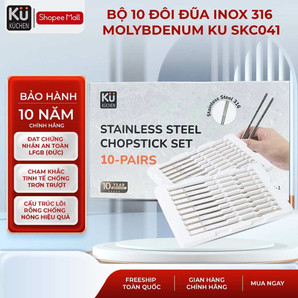 Bộ 10 đôi đũa inox 316 chống nóng, gắp không trượt KUCHEN KU SKC041 | Bảo hành chính hãng 10 năm