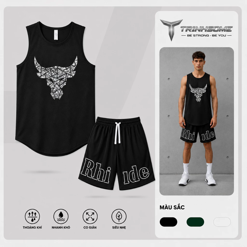 Bộ Quần Áo Thể Thao Tập Gym Nam Sát Nách Áo Ba Lỗ In Hình Đầu Bò Phối Quần Short Đen Thể Thao Co Giãn. Mã: BL.QD