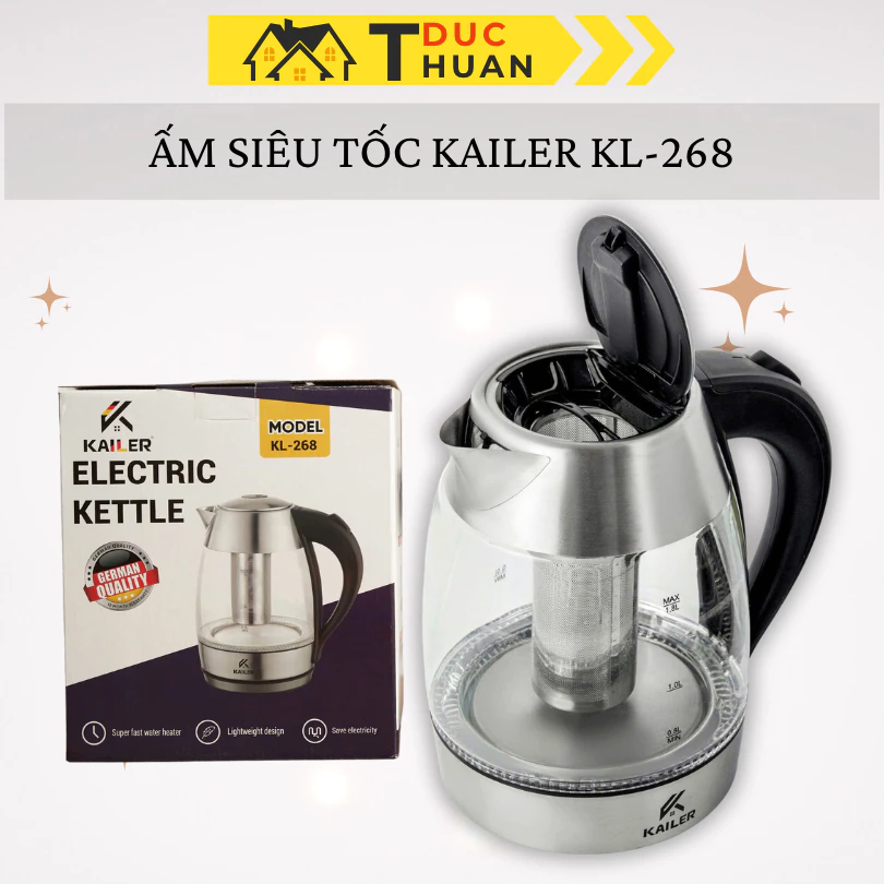 Ấm siêu tốc Kailer Dung tích 1.8L có lõi lọc trà inox 304 cao cấp - Bảo hành 24 tháng - DT HOME