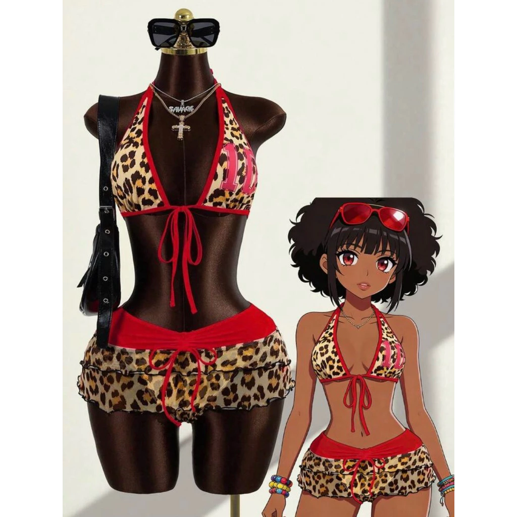 [Order]Set Bikini 3 Món Kèm Chân Váy Hoạ Tiết Beo Phối Viền Đỏ( Ảnh Thật Hình Cuối)