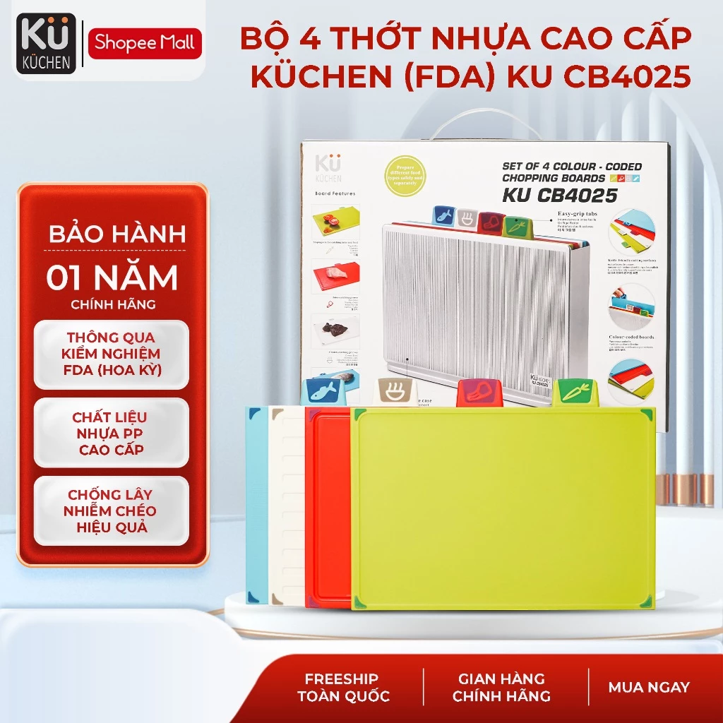Bộ 4 thớt nhựa cao cấp KUCHEN KU CB4025 chất liệu nhựa PP | Bảo hành chính hãng 1 năm
