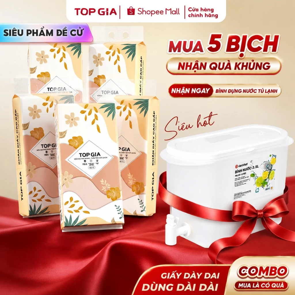 [TẶNG BÌNH ĐỰNG NƯỚC TỦ LẠNH CÓ VÒI] Thùng 5 bịch Khăn giấy Tiểu hạ Topgia 1000 tờ 4 lớp dày dặn
