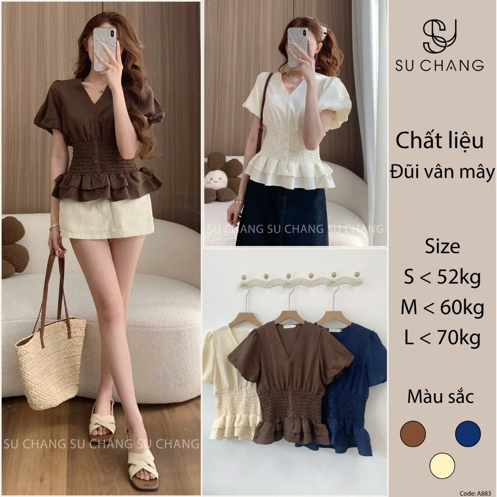 Áo Sơ Mi Cộc Tay Cổ V Chun Eo Xòe Tầng A883 Su Chang Thời Trang Nữ