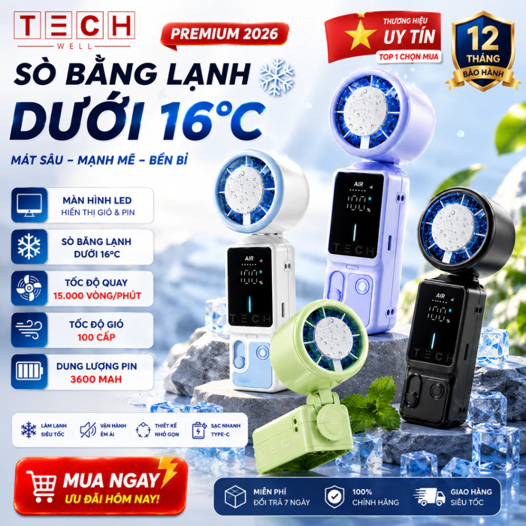 Quạt Mini Cầm Tay Tích Điện Pin 3600mAh Có Dây Đeo, 199 Tốc Độ Gió, Màn Hình LED Hiển Thị