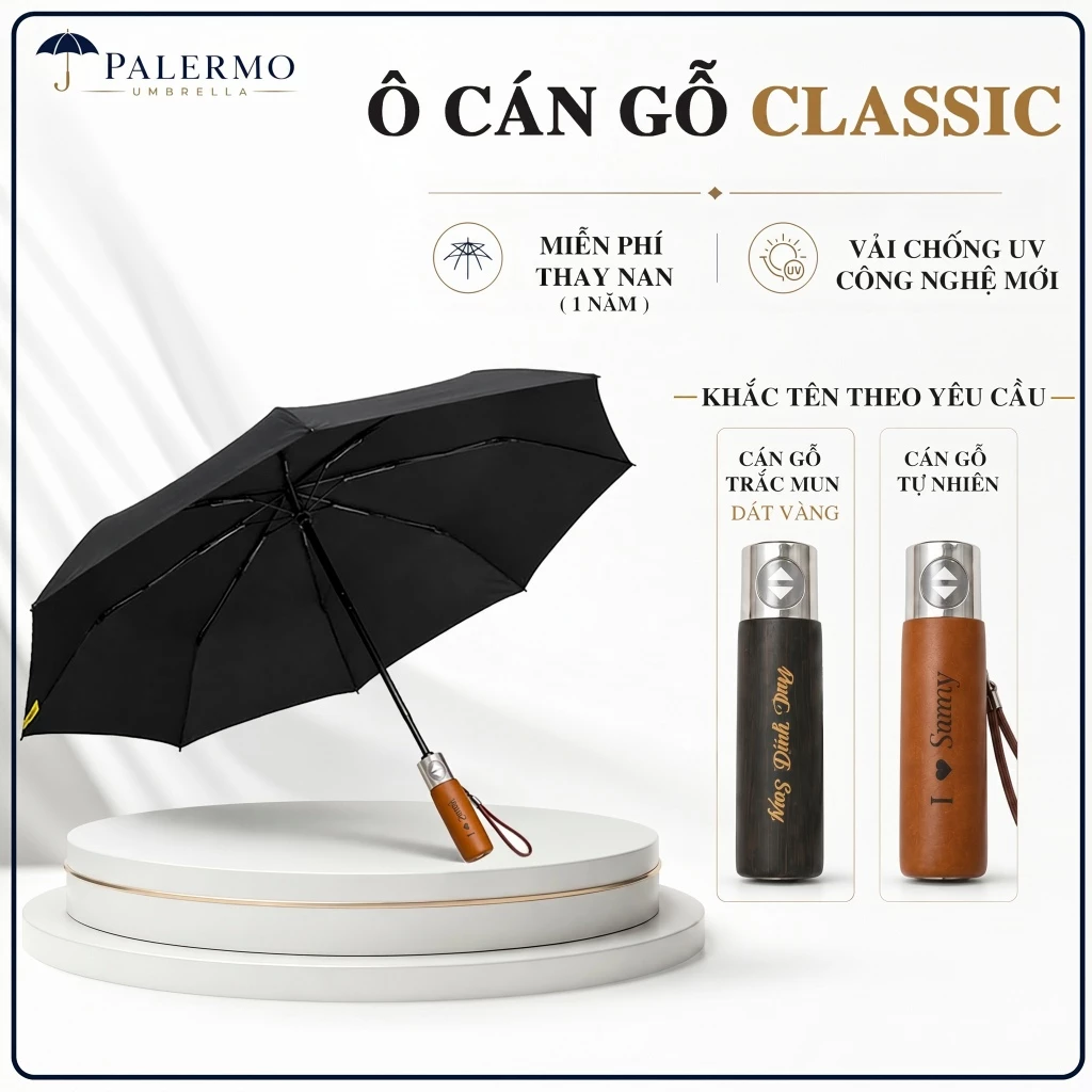 Ô dù che mưa, che nắng gấp gọn Classic Palermo Umbrella/Khắc tên lên cán gỗ, đóng mở tự động <1000 lần
