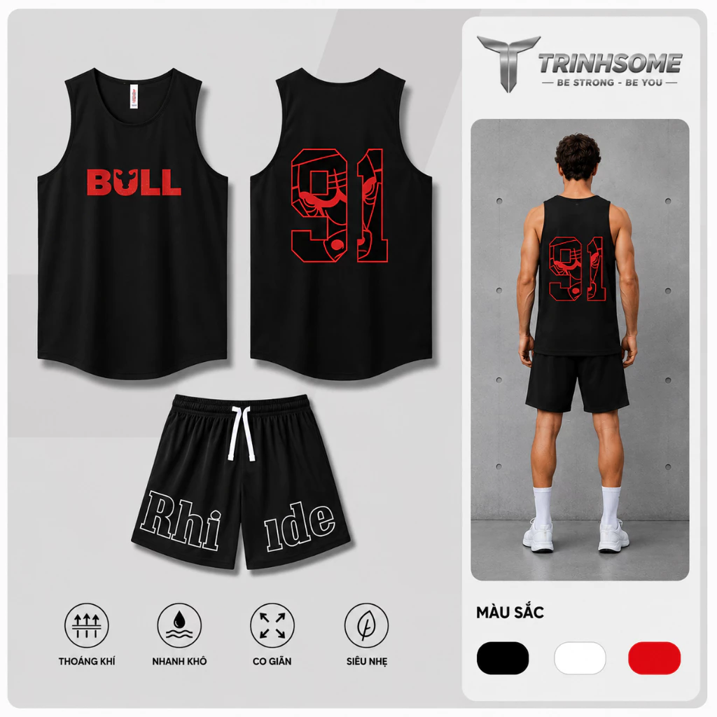 Bộ Quần Áo Ba Lỗ Tanktop Sát Nách Thể Thao Sport Nam Thoáng Khí Nhanh Khô In Số 91 Đầu Trâu Cá Tính Mạnh Mẽ. Mã: BL.QD