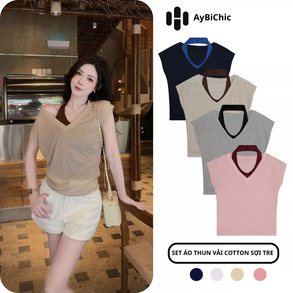 { VẢI COTTON SỢI TRE} Set Áo Thun Nữ 2 Áo Dáng Rộng Thoáng Mát Dễ Phối Đồ Chất Vải Mới Mềm Mại Như Tơ Cao Cấp  AB 336