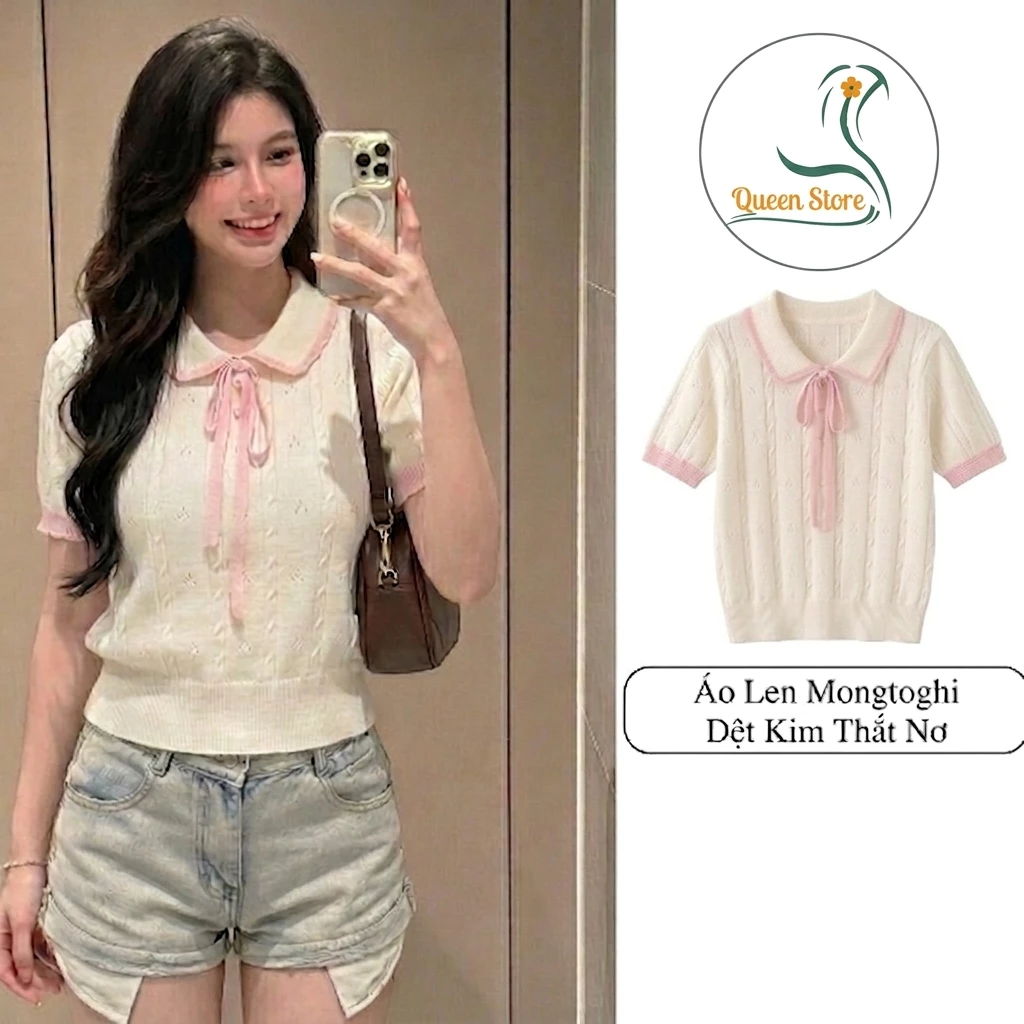 Áo Len Nữ Dệt Kim Cổ Sen L05 Mongtoghi QC Phối Dây Nơ Hồng Áo Len Dệt Kim Lỗ Thấm Mồ Hôi Mặc 4 Mùa