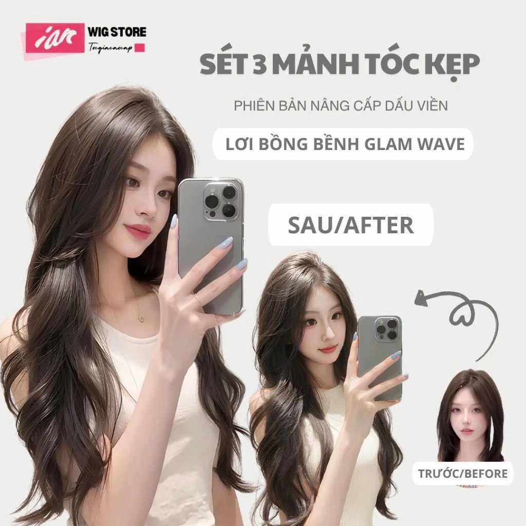KẸP TÓC GIẢ NGUYÊN ĐẦU 3 MẢNH CAO CẤP – SÓNG MÂY NỮ THẦN & GLAM WAVE
