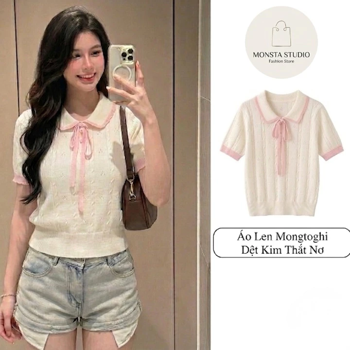 Áo Len Dệt Kim Cổ Sen L05 Mongtoghi Kèm Dây Nơ Hồng Áo Dệt Kim Lỗ Style Ngọt Ngào Nữ Tính