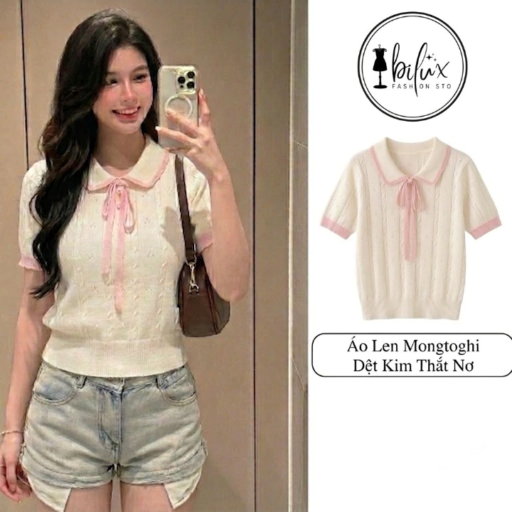 Áo Len Dệt Kim Cổ Sen L05 Mongtoghi Kèm Dây Nơ Hồng Ngọt Ngào Áo Len Nữ Phong Cách Vintage