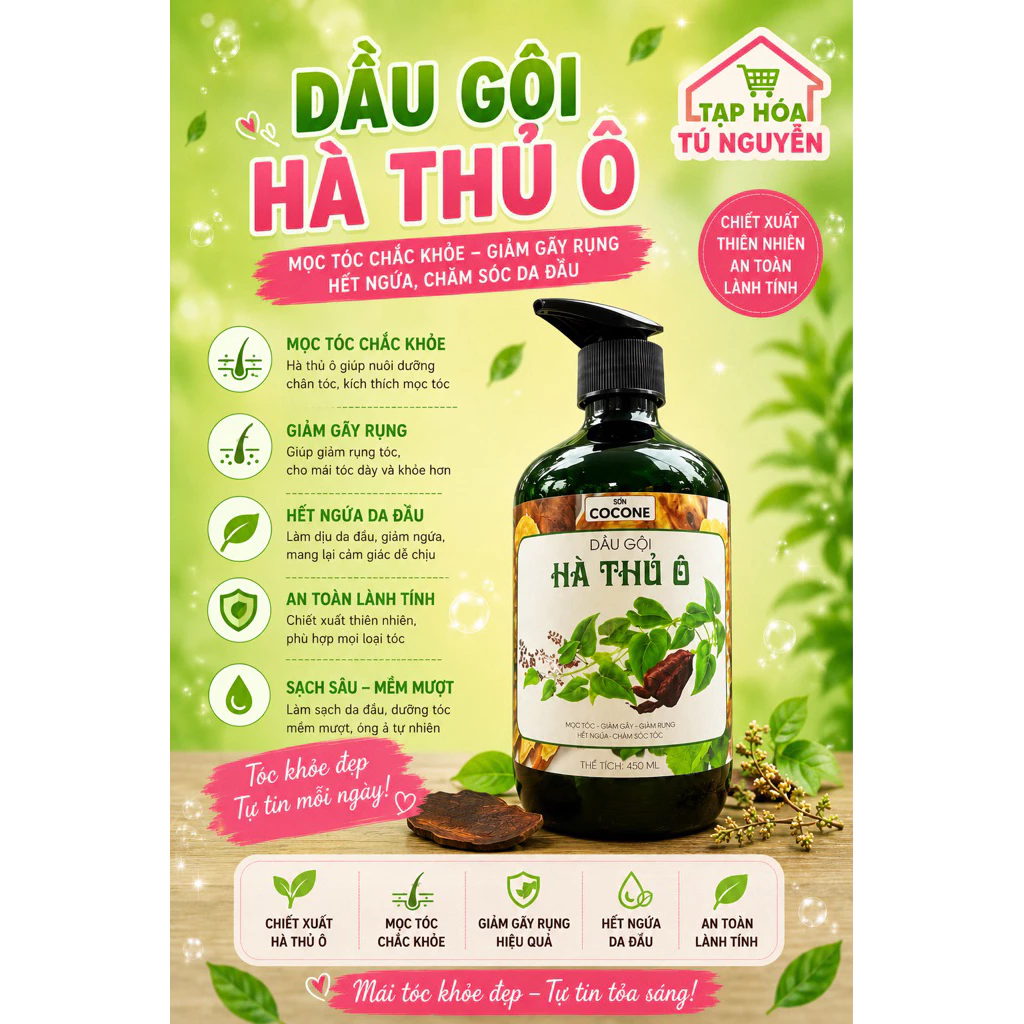 DẦU GỘI HÀ THỦ Ô COCONE 450ML SIÊU TO GIẢM RỤNG TÓC, KÍCH THÍCH MỌC TÓC