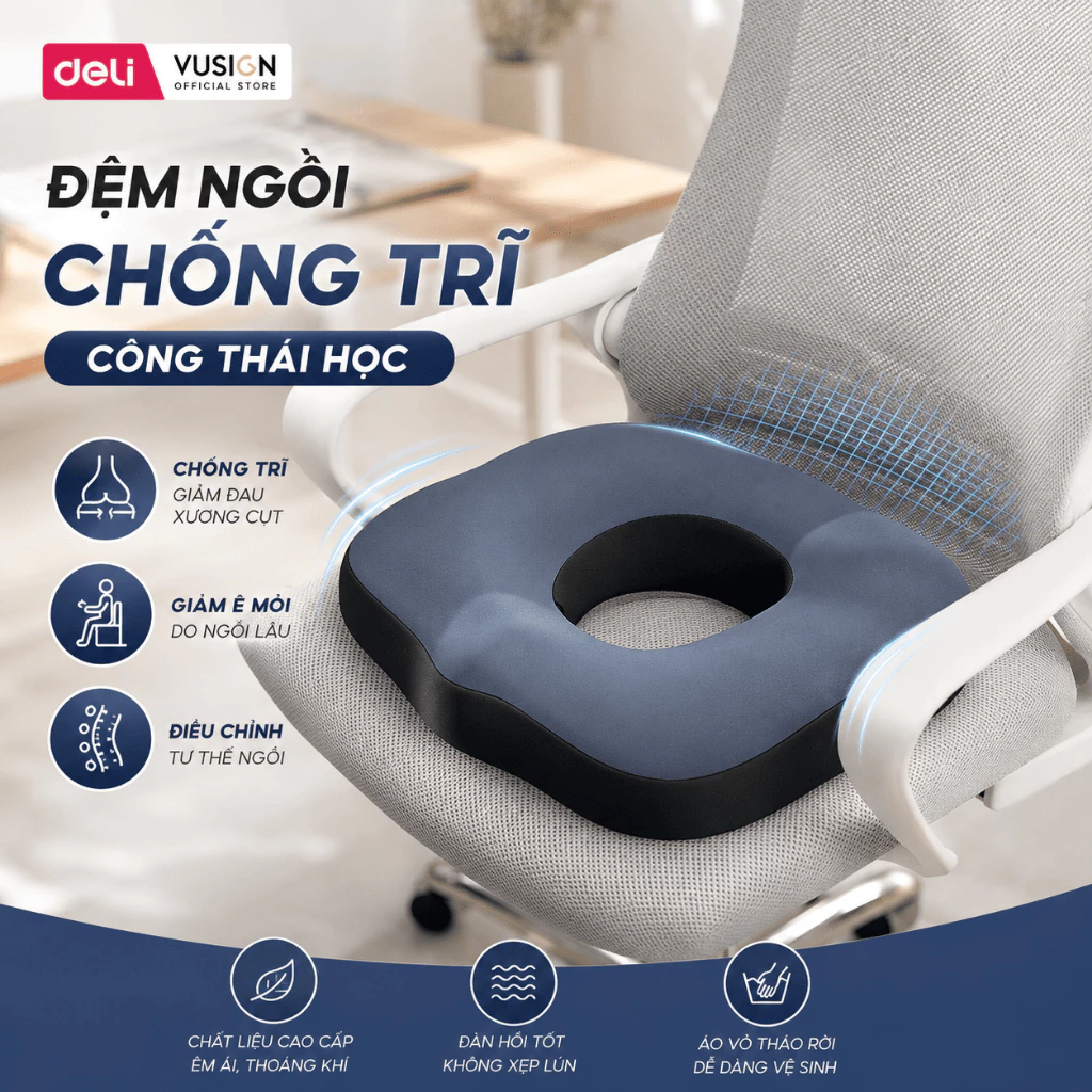 Đệm ghế ngồi văn phòng Deli Thoáng Khí Chống Trĩ Chất Liệu Cao Su Non Giảm Ê Mỏi Điều Chỉnh Tư Thế Ngồi, Dễ Vệ Sinh