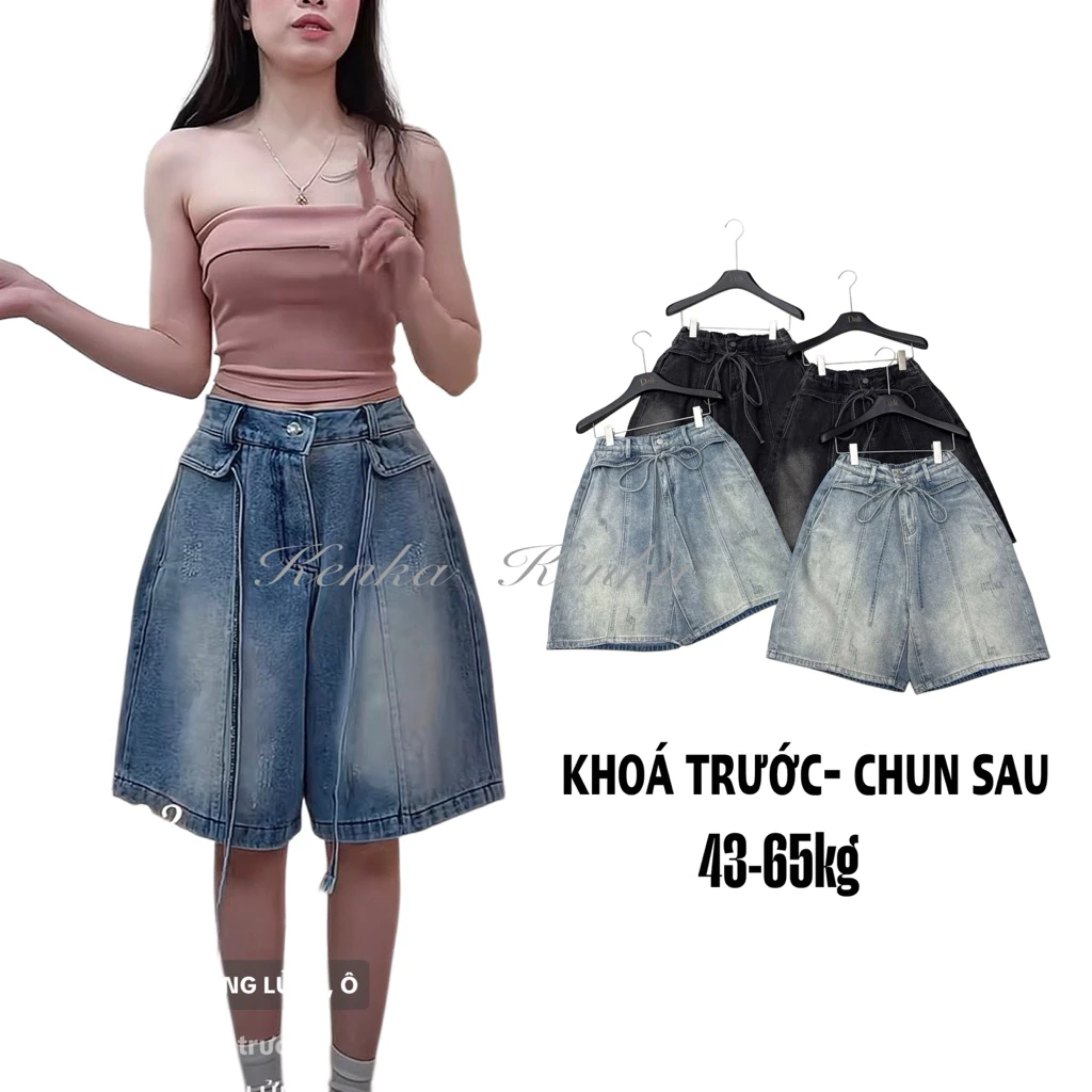 ( QC ) Quần jeans ngố nữ Cạp Nèo kèm dây nơ, Quần Lửng Ngố short Jean Nữ form rộng suông cạp cạp trước chun sau