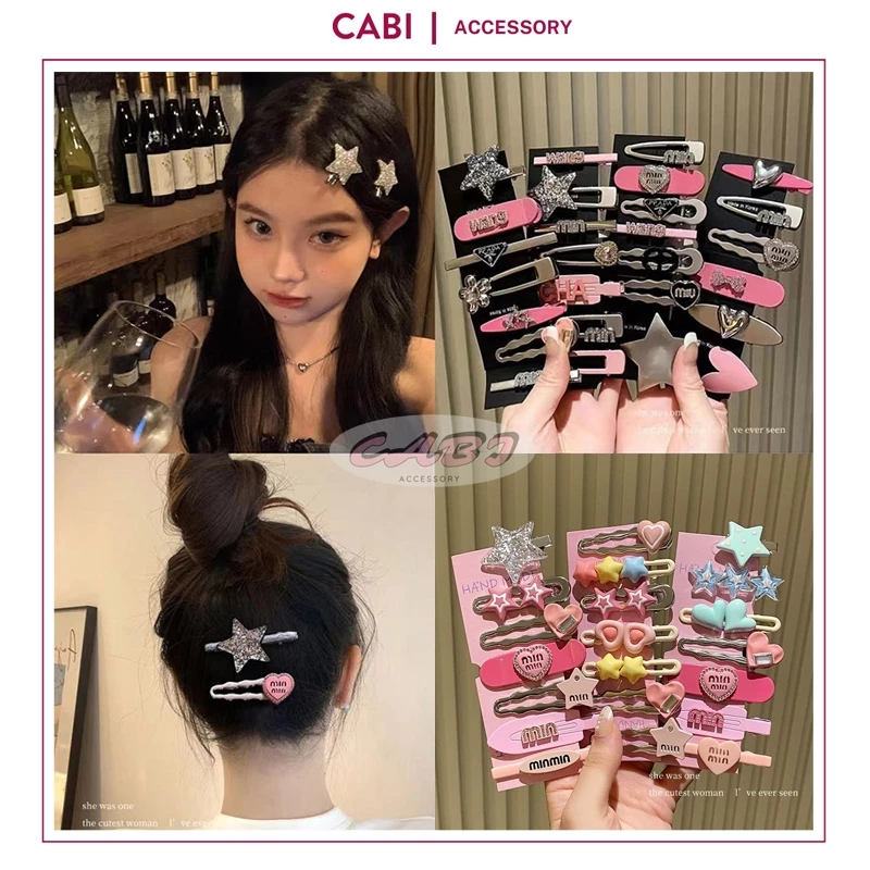 CB114 Set 7 kẹp tóc đính đá bằng kim loại hai màu đen, hồng cao cấp siêu xinh