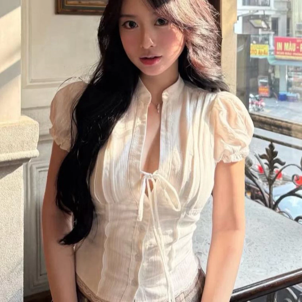 [Bigsize 60-90kg] Áo Kiểu Nữ Dáng Croptop Tay Bồng Buộc Nơ Mã 564