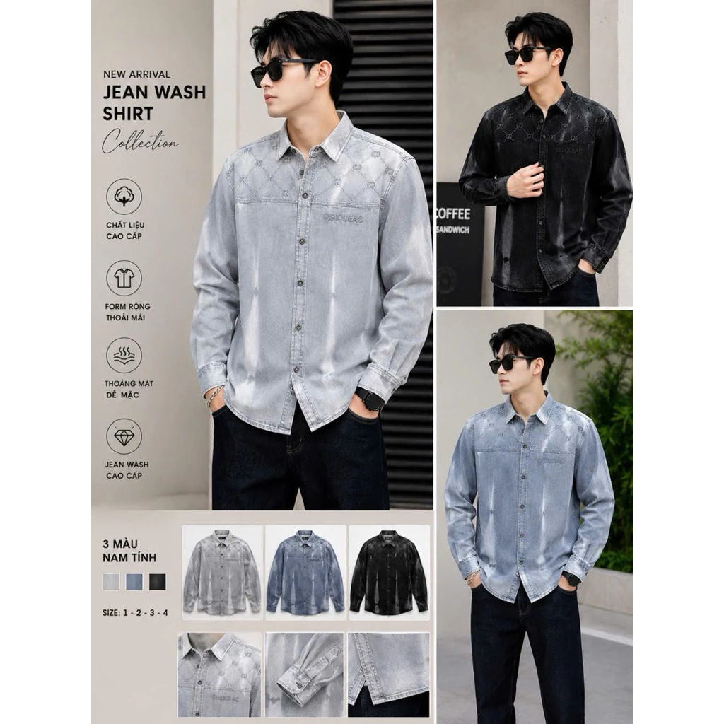 Sơ mi nam jean wash TH, chất vải ka-ki dày dặn, form chuẩn thoáng mát
