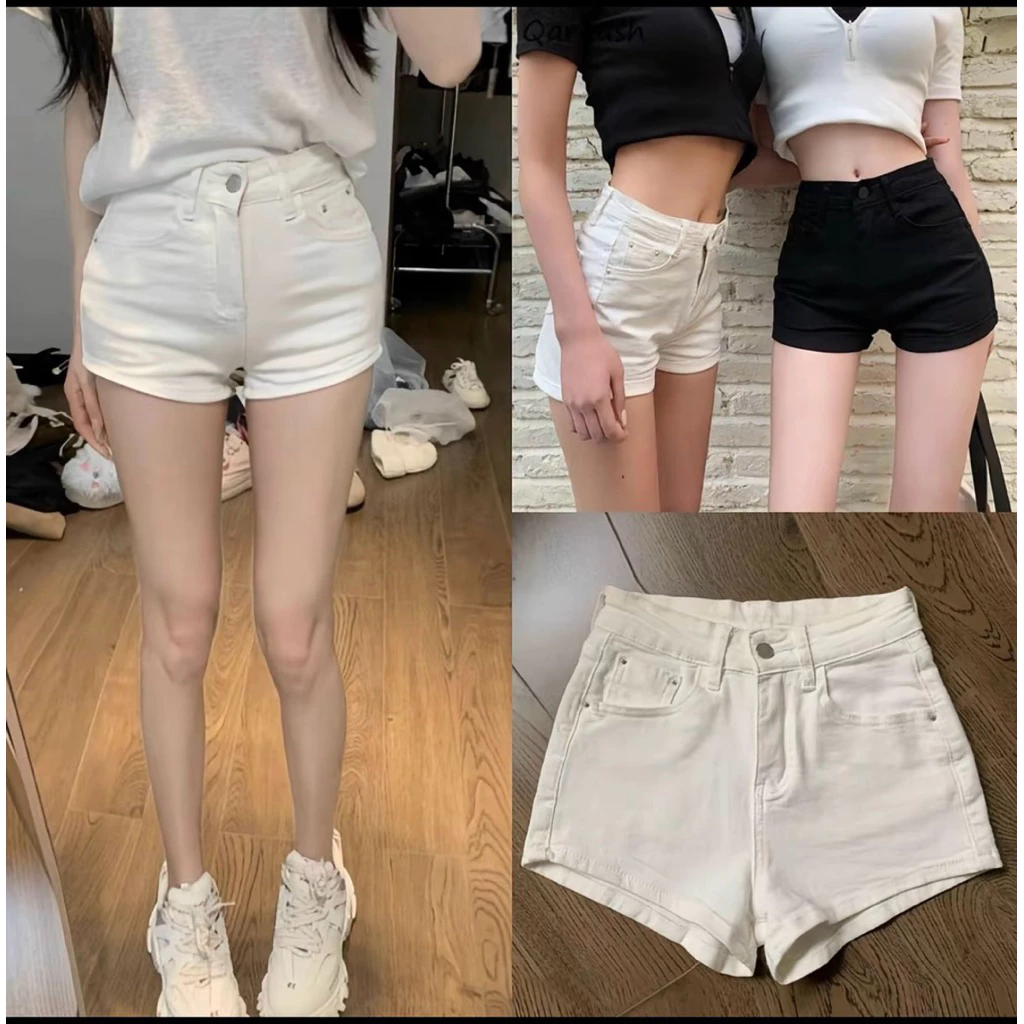 Quần Short Jeans Nữ Đen Trắng Co Dãn Lưng Cao Phom Ôm Trẻ Trung
