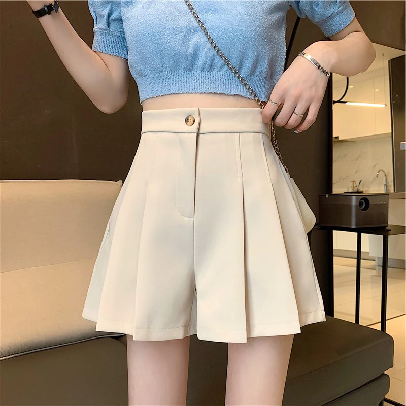 Quần Short Nữ Ống Rộng Dáng Váy Cạp Khuy Xếp Ly
