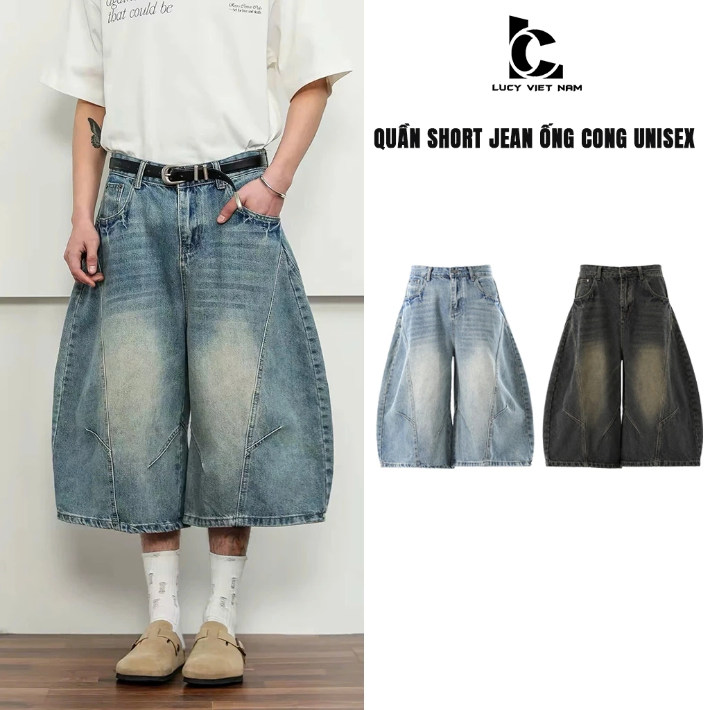 Quần Short Jean Ống Cong Unisex AVO AVOCADO Vintage Washed Blue Form Rộng Baggy Streetwear Y2K
