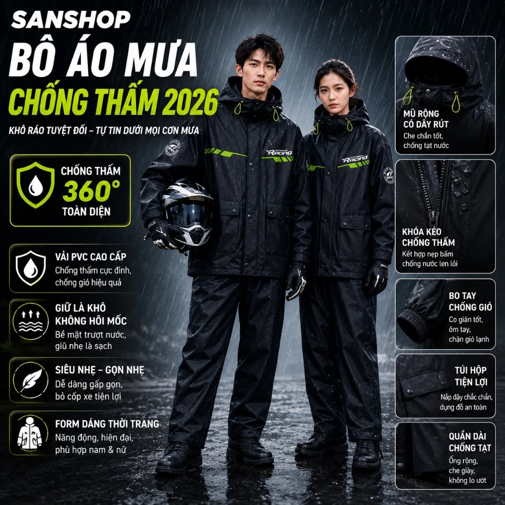 Bộ Áo Mưa Cao Cấp Chống Thấm Thế Hệ Mới 2026 Quần Đi Xe Máy Nước Nam Nữ Sanshop