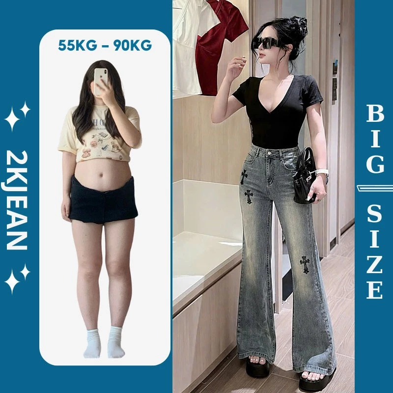 Quần Jean Nữ Ống Loe Lưng Cao Kiểu Thêu Thập Form Dài Hack Dáng QC518 – 2KJeans