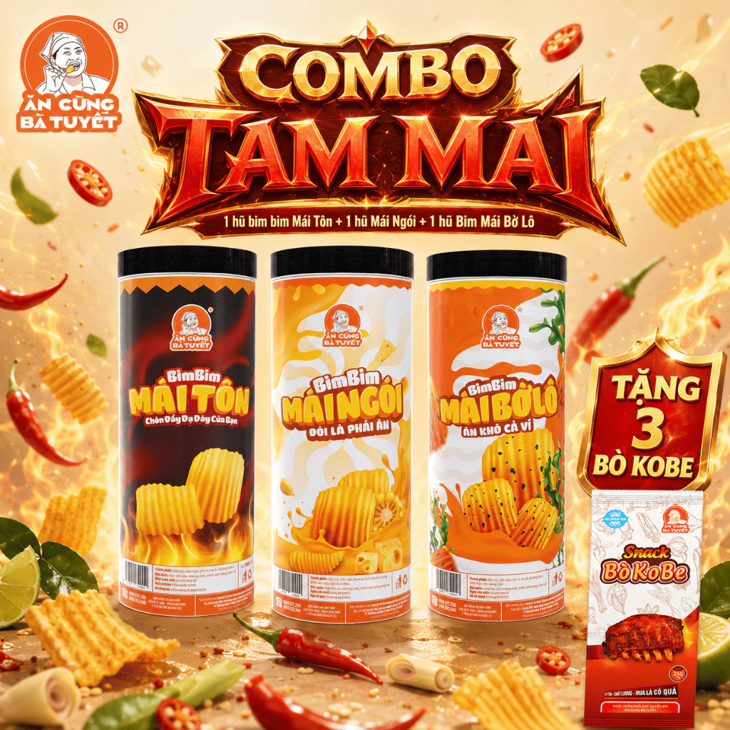 Combo TAM MÁI : 1 hũ bim bim Mái Tôn + 1 hũ Mái Ngói + 1 hũ Bim Mái Bờ Lô + Tặng 3 Bò kobe - Ăn Cùng Bà Tuyết M17