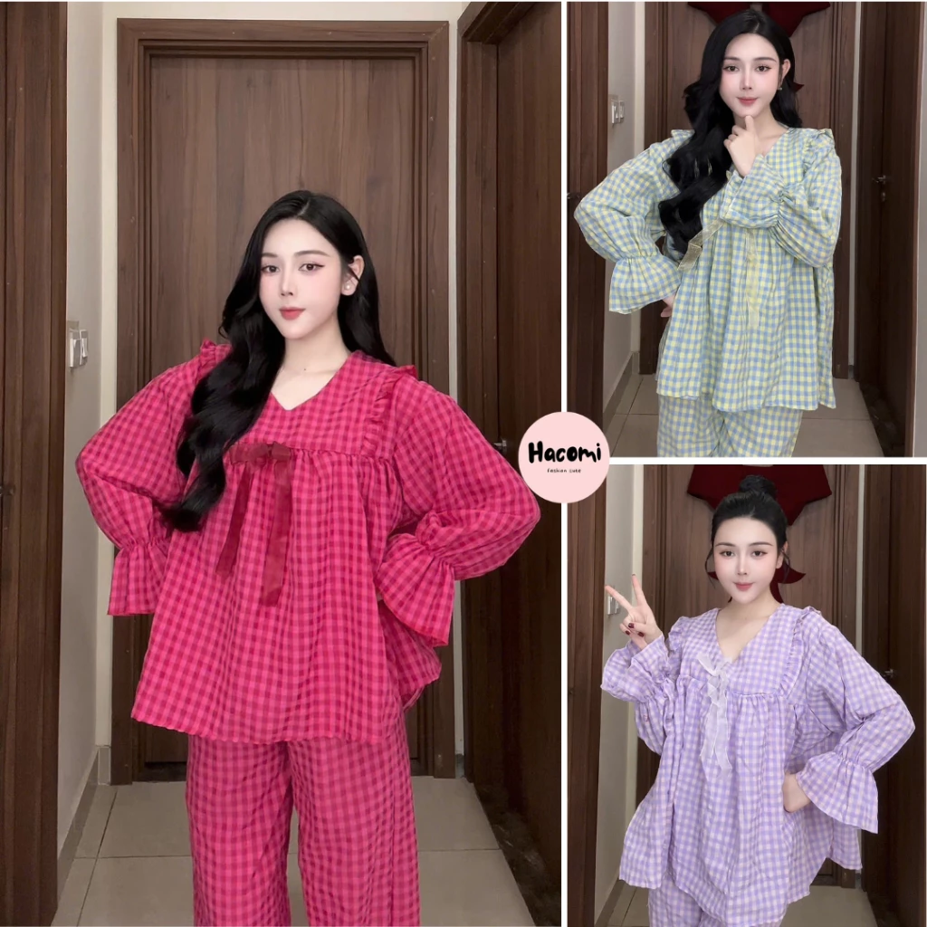 Set đồ bộ nữ babydoll họa tiết kẻ caro chất đũi xốp siêu xinh, set pijama kẻ kiểu dáng babydoll bánh bèo tiểu thư