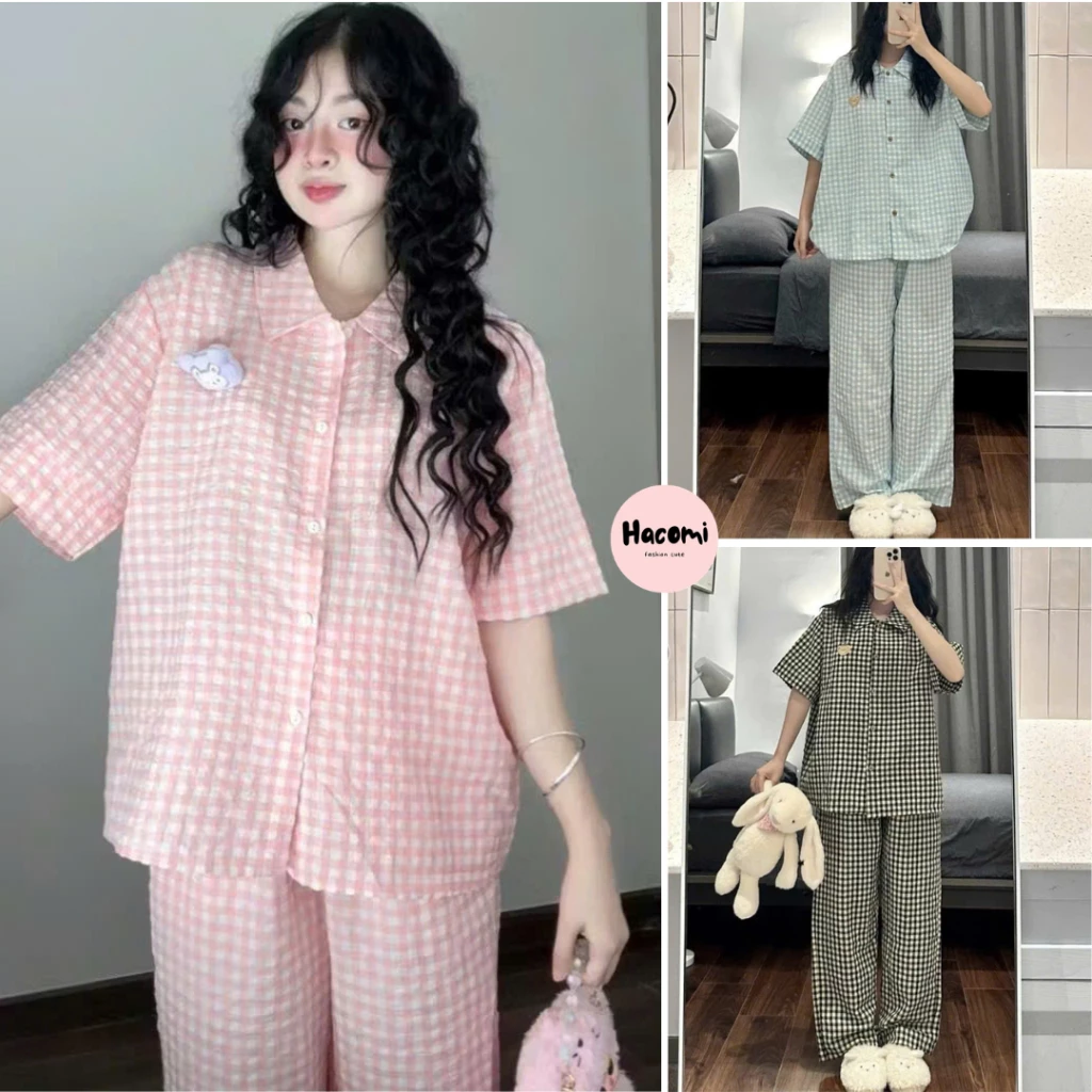 Bộ pijama kẻ caro Cộc Dài nhiều màu chất đũi họa tiết dễ thương phong cách Hàn Quốc