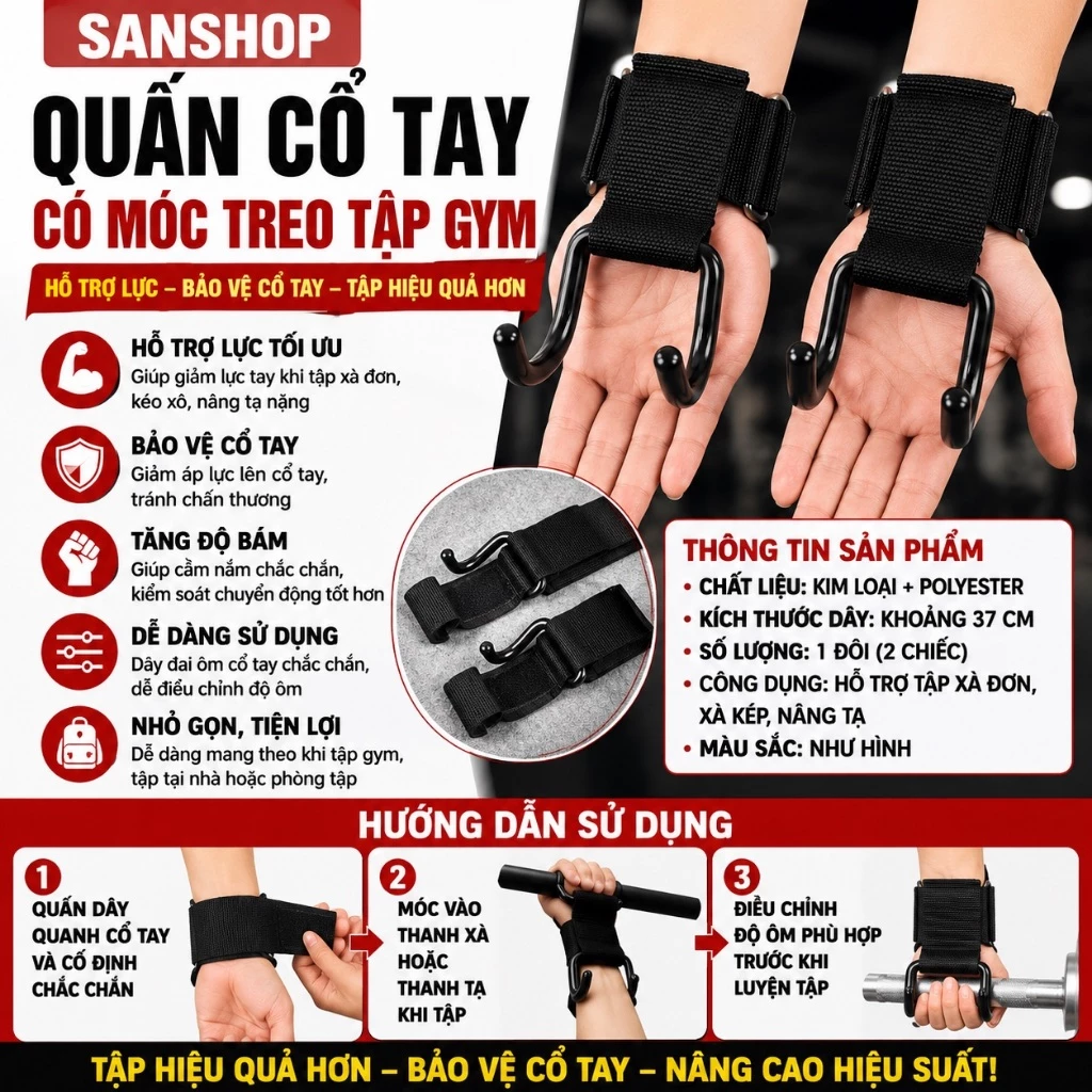 Quấn Cổ Tay Có Móc Treo Tập Gym Hỗ Trợ Xà Nâng Tạ Dây Đai Lực Đa Năng Sanshop