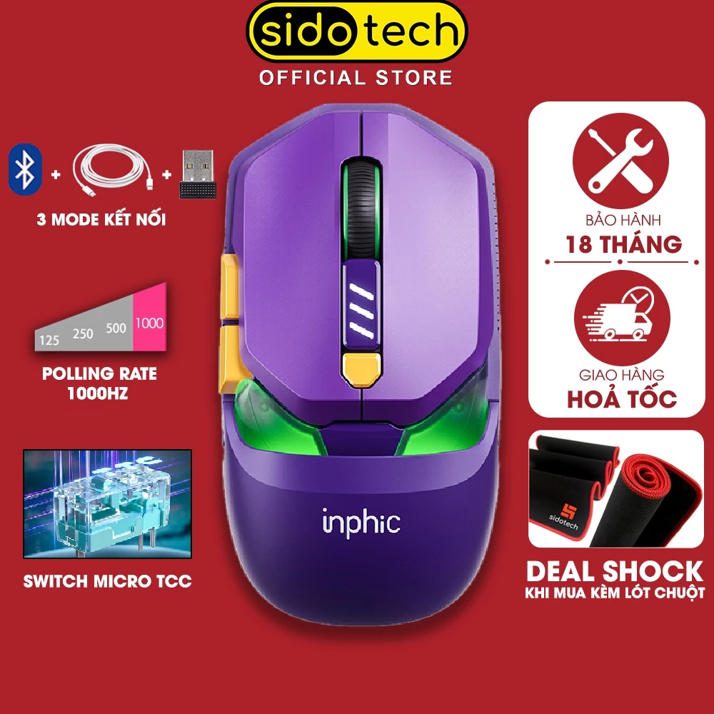 Chuột không dây gaming SIDOTECH INPHIC YC-XS 1000hz 3 mode bluetooth độc lạ pin sạc led RGB có app công thái học