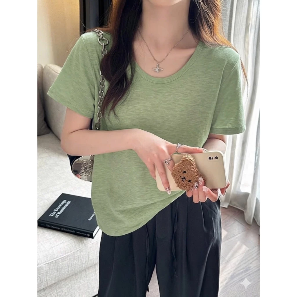 Áo thun nữ cổ tim vải xược thun cotton co giãn thoáng mát trẻ trung bán chạy nhiều màu